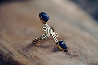 Spiral Brass Lapis Lazuli Adjustable Ring, One size bohemian Ring for Her