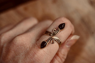 Spiral Brass Black Onyx Adjustable Ring, One size bohemian Black Stone Ring for Her