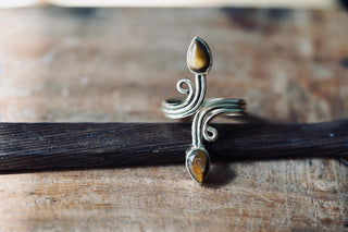Spiral Brass Tiger's Eye Adjustable Ring, One size bohemian Black Stone Ring for Her