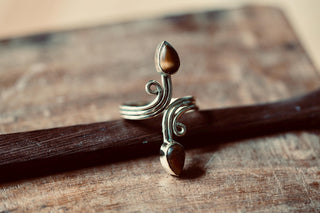 Spiral Brass Tiger's Eye Adjustable Ring, One size bohemian Black Stone Ring for Her