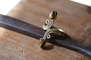Spiral Brass Tiger's Eye Adjustable Ring, One size bohemian Black Stone Ring for Her