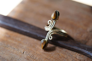Spiral Brass Tiger's Eye Adjustable Ring, One size bohemian Black Stone Ring for Her