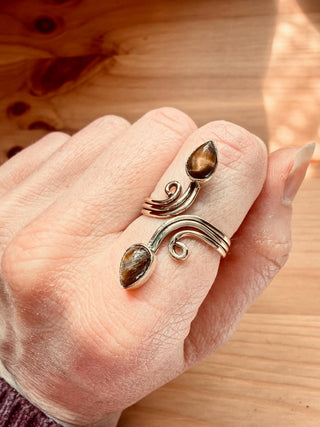 Spiral Brass Tiger's Eye Adjustable Ring, One size bohemian Black Stone Ring for Her