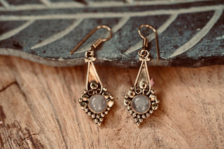 Small Ethnic Moonstone Dangle Brass Earrings, Small Bohemian Earrings