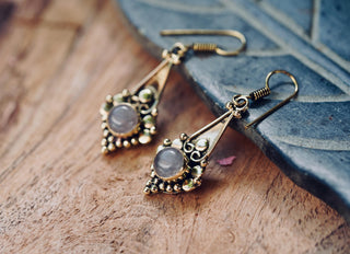 Small Ethnic Moonstone Dangle Brass Earrings, Small Bohemian Earrings