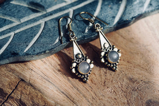 Small Ethnic Moonstone Dangle Brass Earrings, Small Bohemian Earrings