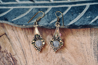 Small Ethnic Moonstone Dangle Brass Earrings, Small Bohemian Earrings