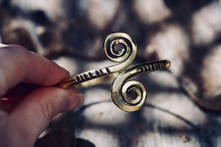 Solid Brass Spiral Cuff Bracelet – Adjustable Arm Cuff, Forearm Bracelet, Boho Brass Bangle