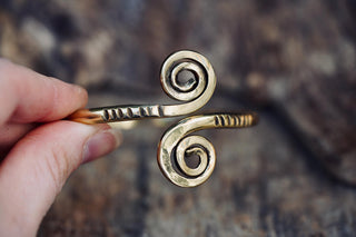 Solid Brass Spiral Cuff Bracelet – Adjustable Arm Cuff, Forearm Bracelet, Boho Brass Bangle