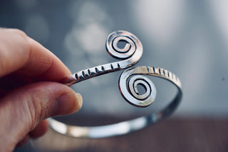 Solid Silver Plated Spiral Cuff Bracelet – Adjustable Arm Cuff, Forearm Bracelet, Boho Silver Bangle