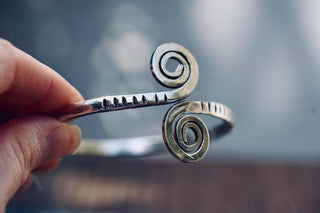 Solid Silver Plated Spiral Cuff Bracelet – Adjustable Arm Cuff, Forearm Bracelet, Boho Silver Bangle