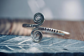 Solid Silver Plated Spiral Cuff Bracelet – Adjustable Arm Cuff, Forearm Bracelet, Boho Silver Bangle