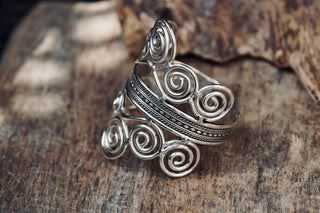 Boho Silver Cuff Bracelet – Adjustable Spiral Arm Cuff – Goddess Statement Bracelet – Tribal Bohemian Jewellery – Festival Wrist Cuff