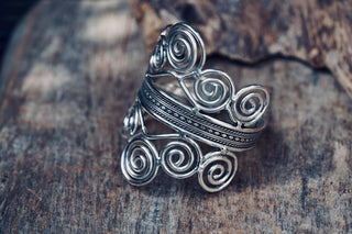 Boho Silver Cuff Bracelet – Adjustable Spiral Arm Cuff – Goddess Statement Bracelet – Tribal Bohemian Jewellery – Festival Wrist Cuff