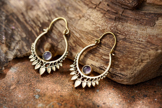 Small Boho Brass Hoops Amethyst Earrings, Small Ethnic Earrings for Woman