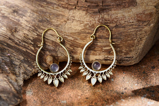 Small Boho Brass Hoops Amethyst Earrings, Small Ethnic Earrings for Woman