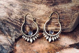 Small Boho Brass Hoops Amethyst Earrings, Small Ethnic Earrings for Woman