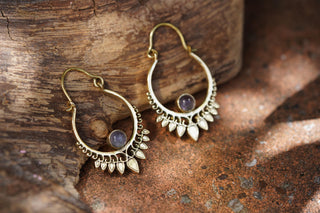 Small Boho Brass Hoops Amethyst Earrings, Small Ethnic Earrings for Woman