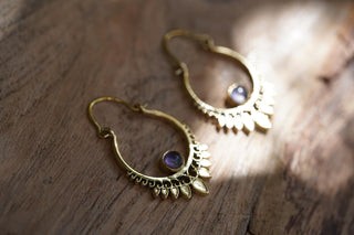 Small Boho Brass Hoops Amethyst Earrings, Small Ethnic Earrings for Woman