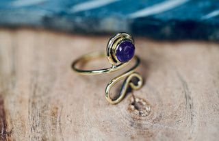 Boho Amethyst Brass Ring, Adjustable Spiral Ring, Wrap Ring for Women
