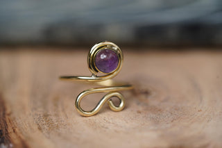 Boho Amethyst Brass Ring, Adjustable Spiral Ring, Wrap Ring for Women