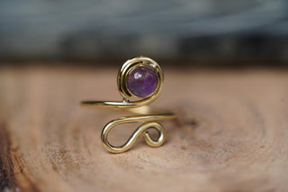 Boho Amethyst Brass Ring, Adjustable Spiral Ring, Wrap Ring for Women