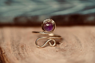 Boho Amethyst Brass Ring, Adjustable Spiral Ring, Wrap Ring for Women