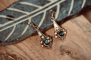 Small Ethnic Dangle Earrings Labradorite Brass, Small Bohemian Earrings