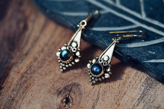 Small Ethnic Dangle Earrings Labradorite Brass, Small Bohemian Earrings