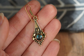 Small Ethnic Dangle Earrings Labradorite Brass, Small Bohemian Earrings