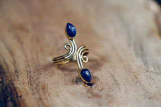 Spiral Brass Lapis Lazuli Adjustable Ring, One size bohemian Ring for Her
