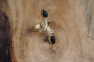 Spiral Brass Black Onyx Adjustable Ring, One size bohemian Black Stone Ring for Her