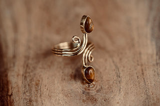 Spiral Brass Tiger's Eye Adjustable Ring, One size bohemian Black Stone Ring for Her