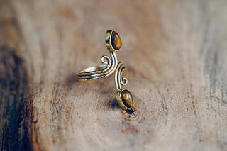 Spiral Brass Tiger's Eye Adjustable Ring, One size bohemian Black Stone Ring for Her