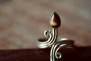 Spiral Brass Tiger's Eye Adjustable Ring, One size bohemian Black Stone Ring for Her