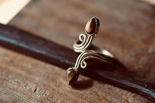Spiral Brass Tiger's Eye Adjustable Ring, One size bohemian Black Stone Ring for Her