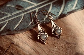 Small Ethnic Moonstone Dangle Brass Earrings, Small Bohemian Earrings