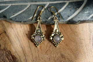 Small Ethnic Moonstone Dangle Brass Earrings, Small Bohemian Earrings