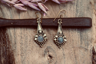 Small Ethnic Moonstone Dangle Brass Earrings, Small Bohemian Earrings