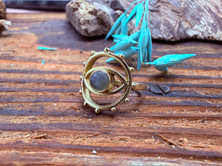 Large Labradorite Eye Ring, Eye Labradorite Ring, Unique Gemstone Ring, Brass Boho Ring