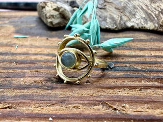 Large Labradorite Eye Ring, Eye Labradorite Ring, Unique Gemstone Ring, Brass Boho Ring