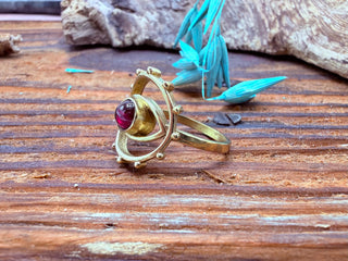 Large Red Garnet Eye Ring, Eye Red Garnet Ring, Unique Gemstone Ring, Brass Boho Ring