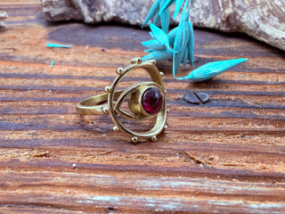 Large Red Garnet Eye Ring, Eye Red Garnet Ring, Unique Gemstone Ring, Brass Boho Ring