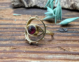 Large Red Garnet Eye Ring, Eye Red Garnet Ring, Unique Gemstone Ring, Brass Boho Ring