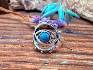 Turquoise Silver Eye Ring, Silver Plated Non Tarnish Ring, Boho Statement Ring, Evil Eye Inspired Ring, Gift for Her