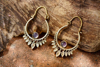 Small Boho Brass Hoops Amethyst Earrings, Small Ethnic Earrings for Woman