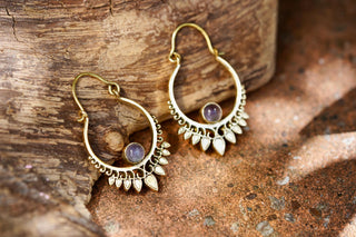Small Boho Brass Hoops Amethyst Earrings, Small Ethnic Earrings for Woman