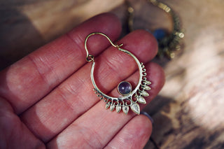 Small Boho Brass Hoops Amethyst Earrings, Small Ethnic Earrings for Woman