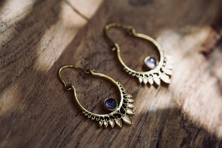 Small Boho Brass Hoops Amethyst Earrings, Small Ethnic Earrings for Woman
