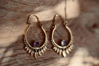 Small Boho Brass Hoops Amethyst Earrings, Small Ethnic Earrings for Woman